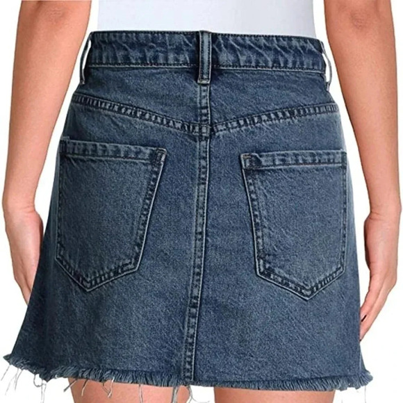 We The Free Full Zip Denim Frayed Hem Mini Skirt, Color Blue (Dark Wash) Size 24 - Picture 3 of 16